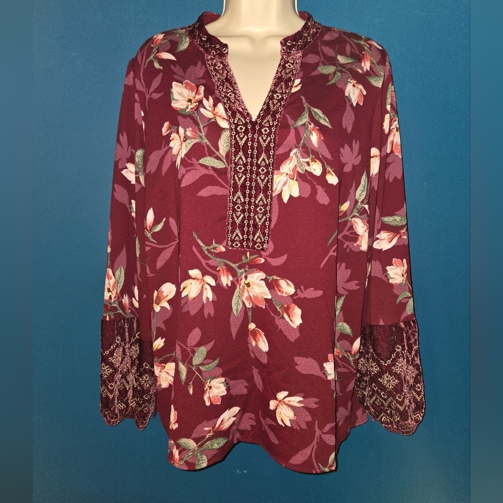 Burgundy Bishop Sleeve Floral Blouse with velvet accents, Size Small - Picture 5 of 14